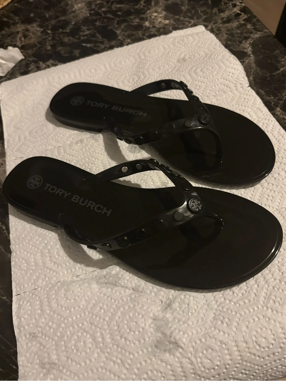 Tory Burch Black Jelly Logo Stud Thong Sandals